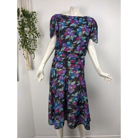 80s party dress floral print, drop waist short sleeve size 9 - Picture 3 of 9